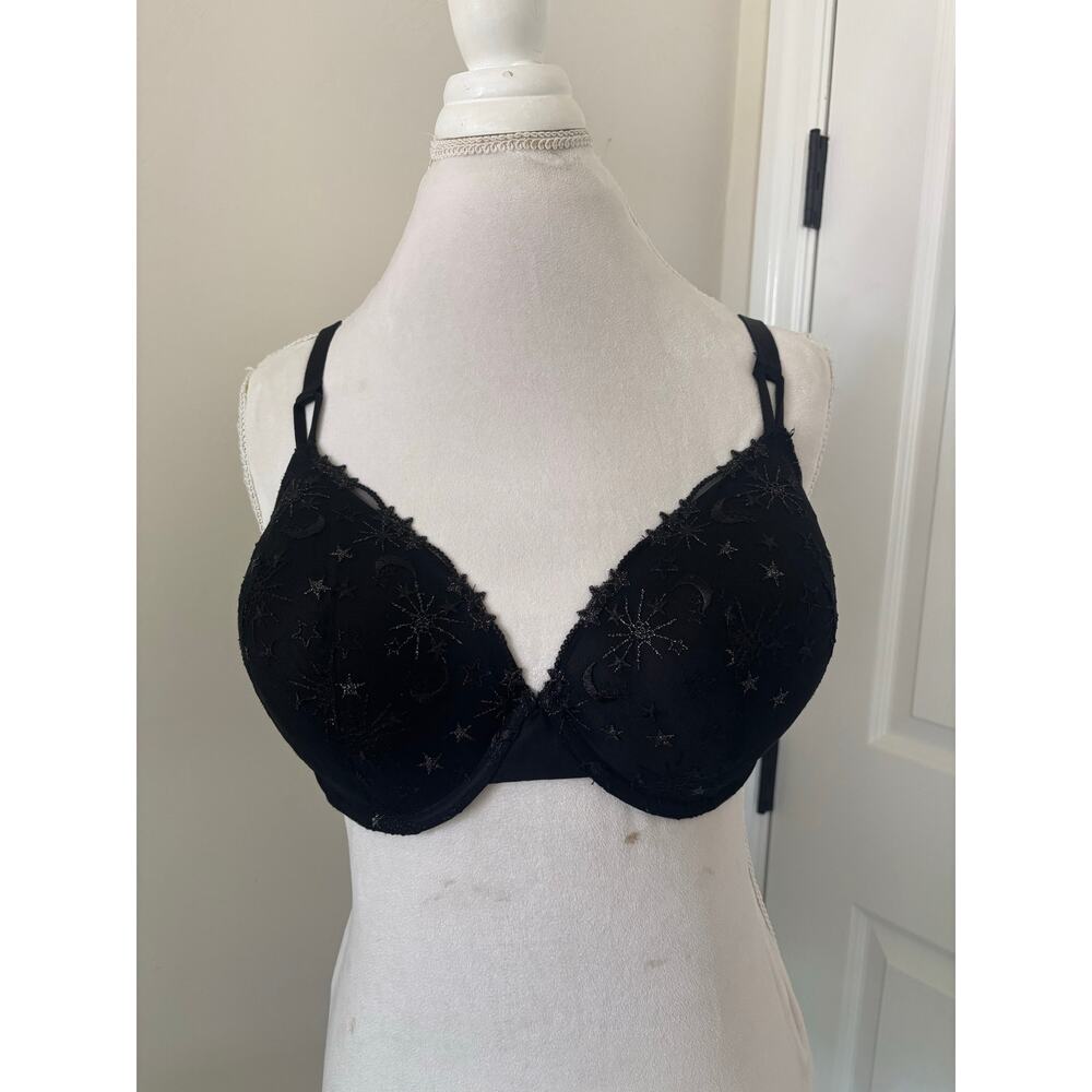 Victoria's Secret Lined Demi 38DD Black Lace Stars & Moons Silver Bra